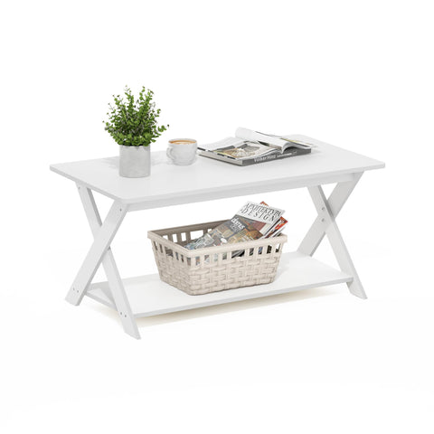 Furinno Modern Simplistic Coffee Table, 2-Tier Rectangle Modern Coffee Table with Open Shelf and X-Legs, Criss-Crossed Side Table, for Living Room, Bedroom, Home Office, White