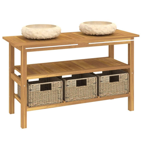 vidaXL Solid Wood Teak Bathroom Vanity Cabinet with Cream Marble Sinks Home Indoor Wooden Washroom Sink Cabinet Wash Basin Furniture