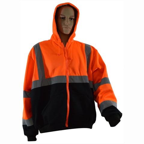 Petra Roc OBHSW-C3-L Thermal Lined Sweatshirt Hoodie Orange/Black Two Tone, ANSI 107-Class 3, 2 Slash Pockets, Zipper Closure, L