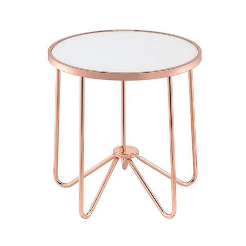 Acme Alivia Round Glass Top End Table in Frosted Glass and Rose Gold