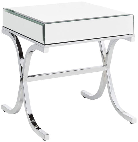Acme Yuri Square Mirror Top Metal Tube End Table in Chrome