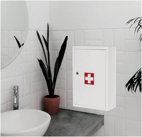 Fine Art Living Wall-Mounted First aid Cabinet, 11.8"x5.5"x18.1", Bright White/Red