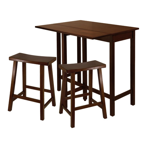 Oakestry Lynnwood 3-Piece Drop Leaf High Table Set with Saddle Seat Counter Stools, Solid Wood, Antique Walnut Finish – Space-Saving Kitchen Island Dining Set
