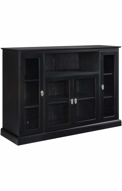 Oakestry Summit Highboy TV Stand with Storage Cabinets & Shelves, Tempered Glass Doors, 9-Tier Media Storage Console for TVs, Solid Pine & MDF Construction, Black