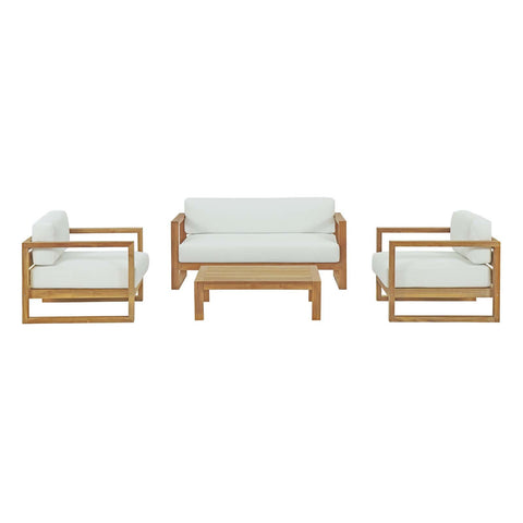 Modway Upland Teak Wood Outdoor Patio 4-Piece Sectional Sofa Set with Cushions in Natural White