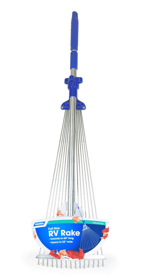 Camco Telescopic Collapsible Rake | Expands to 60" Long with 22" Width Rake | Folds to 30" x 8 ½" for Easy Storage | Great for Camping, Gardening, or Lawn Maintenance - ( 42171)