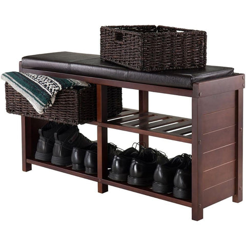 Oakestry Colin Entryway Storage Bench with Soft Cushion Seat and Three Pull Out Woven Baskets Ideal for Hallway Foyer Mudroom Living Room or Bedroom Use Stylish Compact Wooden Organizer Seat