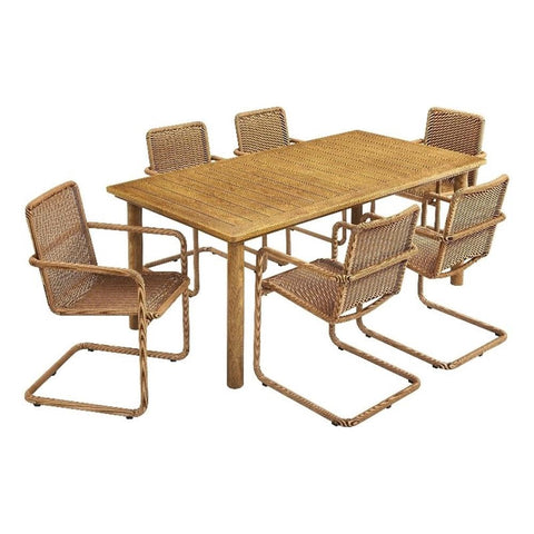 Modway Abacus 7-Piece Outdoor Rectangular Dining Set in Natural Natural - 76” Aluminum Patio Dinner Table w/Umbrella Hole & 6 Rattan Armchairs - Weather-Resistant Deck Table & Wicker Chairs for 6
