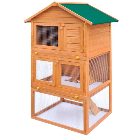 vidaXL Outdoor Wooden Rabbit Hutch, 3-Tier Small Animal House/Pet Cage - Weather- Roof and Iron Wire Mesh for Visibility & Ventilation - Ladders & Pull-Out Trays for Easy Cleaning