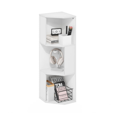 Furinno ECON Corner Shelf, 3-Tier Corner Book Shelf, Storage Shelves, Display Rack, Bookshelf, for Organization and Storage, Living Room, Home Office, Plain White