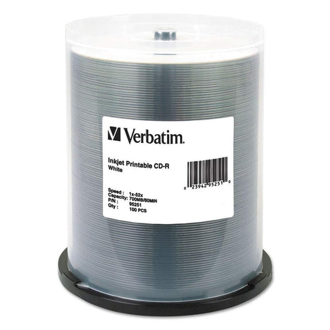 Verbatim CD-R, 52x, 700MB, Inkjet Printable, White, 100/Pack