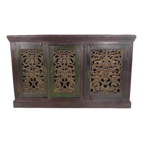 Moti Arvada Mango Solid Wood 3 Door Hand-Carved Sideboard/Buffet in Brown
