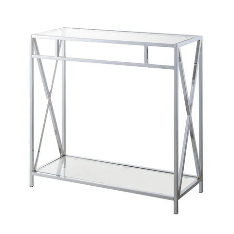 Convenience Concepts Oxford Chrome Glass Hall Table 31.5" - Contemporary Modern Sofa Table with Storage Shelf, Narrow Entryway Hall Table for Living Room, Bedroom, Bathroom, Chrome/Glass