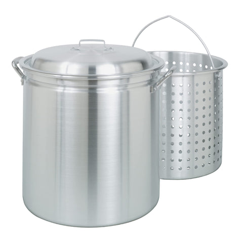 Bayou Classic 4042 42-qt Aluminum Stockpot w/Basket Features Domed Vented Lid Heavy Riveted Handles Perforated Aluminum Basket Perfect For Boiling Steaming and Canning Handcrafted Design