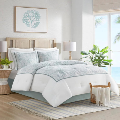 Oakestry 4Pc All Season Down Alternative Bedding Coastal Oceanic Sealife Design with Matching Shams,Queen(92"x96"), Seafoam Blue