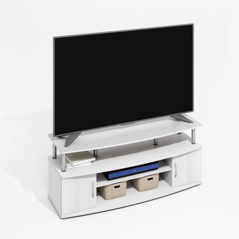 Furinno Jaya TV Stand, Entertainment Center, TV Console, for TV up to 55 Inch, with 2 Doors and Cable Management Holes, for Living Room, Bedroom, White Wood/Stainless Steel Tubes