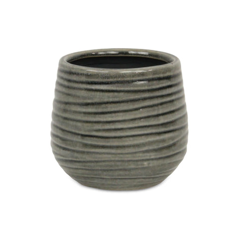 Cheungs Fairloam Round Curved Wave Lined Pattern Ceramic Pot- Medium - Gray