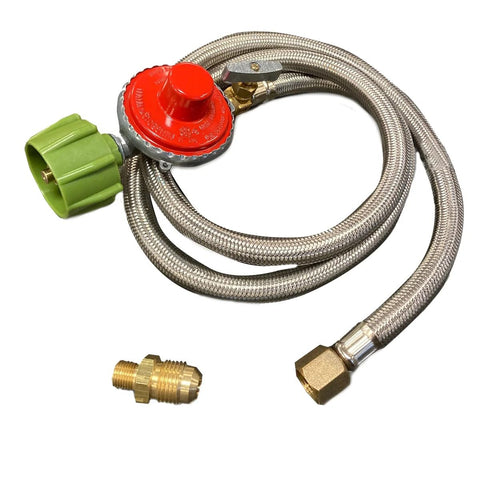Bayou Classic M5HPR 36-in Stainless Braided LPG Hose w/ 5-psi Adjustable High Pressure Regulator Features 1/8-in Male Orifice Connector Designed Cookers