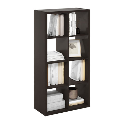 Furinno CUBICLE Book Shelf, 8-Cube Bookshelf, Extra Thick Frame Horizontally & Vertically Reversible Bookcase with Open Back, 14.6" x 30" x 58", for Living Room, Bedroom, Home Office, Black Dark Oak