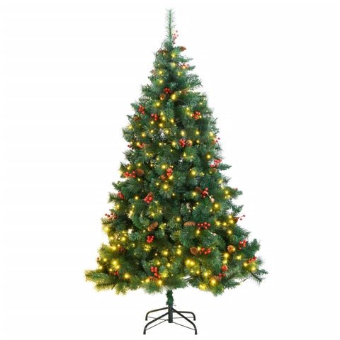 vidaXL 82.7" PVC Artificial Hinged Christmas Tree: Festive Green Color, Decorated with Cones and Berries, 300 Warm White LEDs, 8 Lighting Modes, Easy Assembly