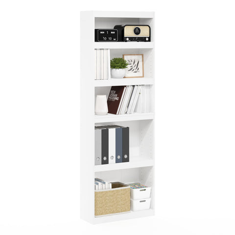 Furinno JAYA Book Shelf, 5-Tier Bookshelf, Enhanced Home Bookcase with Adjustable shelf, 9.5" x 24.5" x 71.1", for Organization and Storage, for Living Room, Bedroom, Home Office, White