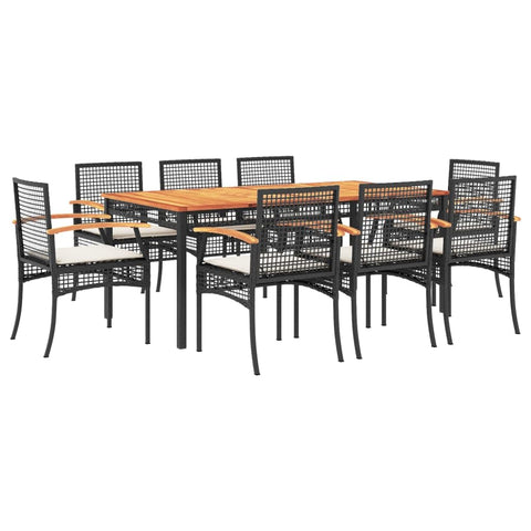 vidaXL - 9-Piece Black Poly Rattan Patio Dining Set with Cushions - Sturdy Acacia Wood Tabletop, Powder-Coated Steel Frame - Outdoor Garden/Patio Furniture, Includes 8 Chairs and Seat Cushions