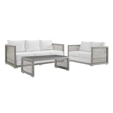 Modway Aura Outdoor Patio Wicker Rattan, Sofa, Loveseat and Coffee Table, Gray White