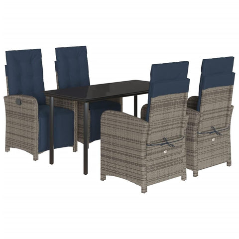 vidaXL 5PC Patio Dining Set-Poly Rattan w/Cushions-Tempered Glass Table-Adjustable Recliners-Gray/Navy