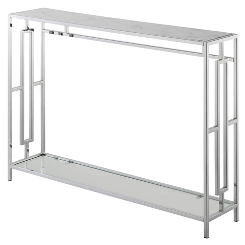 Town Square Chrome Console Table with Shelf, White Faux Marble/Chrome