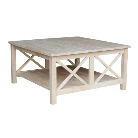 FastFurnishings Square Unfinished Solid Wood Coffee Table with Bottom Shelf