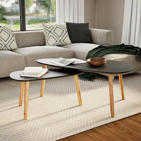 Oakestry Coffee Table Set of 2 Black Solid Pine Wood Legs, MDF Tabletop Premium Storage Cabinet Modern Luxury Storage Solution Elegant Dining Interior Furniture Space Saving Organizer