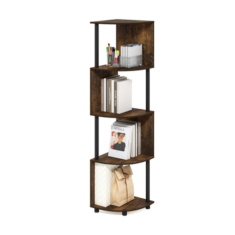 Furinno ECON Corner Shelf, 4-Tier Corner Book Shelf, Zigzag Storage Shelves, Display Rack, Bookshelf, for Organization and Storage, Living Room, Home Office, Amber Pine