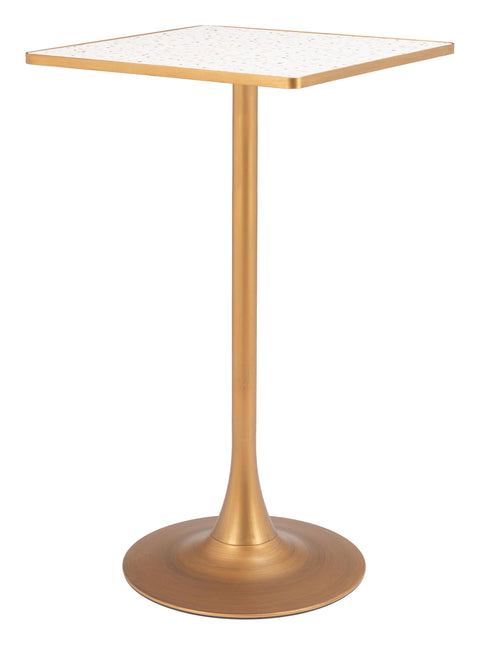 Spot Bar Table Beige & Gold, Multicolor Bar Table, Modern Style, Faux Terrazzo MDF Square Shape Tabletop, Steel, Indoor Bar, 23.8" W x 23.8" D x 41.7" H