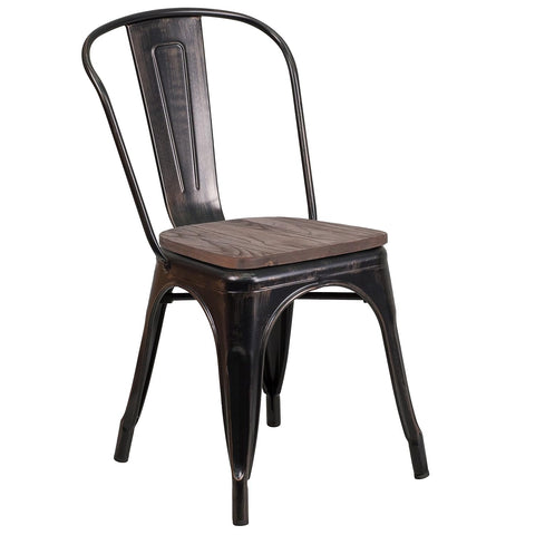Flash Furniture Perry Metal Stackable Chair with Wood Seat, 1 Pack, Black-Antique Gold
