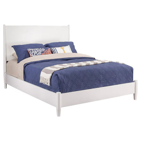 Oakestry White King Platform Bed Mid Century Modern Style Solid Wood Frame Low Profile No Box Spring Needed Slatted Support Upholstered Headboard Minimalist Bedroom Furniture Scandinavian Design