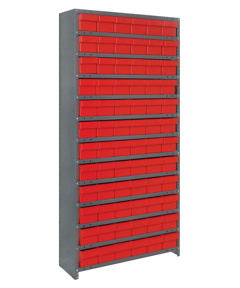 Quantum Storage Systems CL1875-602RD Closed Shelving System with Super Tuff Euro Drawers, 72 QED602 Shelf Bins, 18" D x 36" W x 75" H, Red