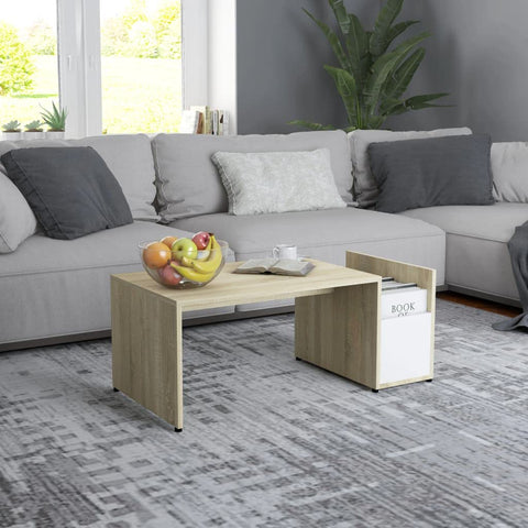Oakestry Coffee Table White and Sonoma Oak Engineered Wood Premium Storage Cabinet Modern Luxury Storage Solution Elegant Dining Interior Furniture Space Saving Organizer