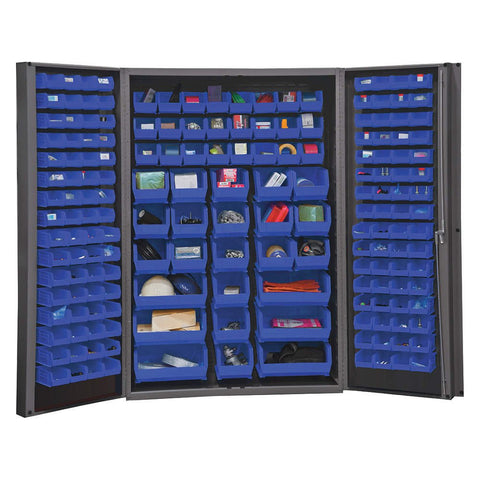 Heavy Duty Cabinet 14 Gauge 48 x 24 x 72 176 Blue Bins 4 Inch Deep Box Doors with Louvered Panel Lockable Chrome Handle with Keys Gray