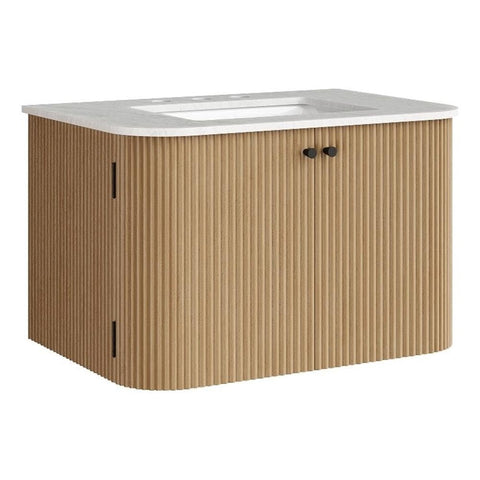 Modway Zia 30 Inch Wall-Mount Bathroom Vanity in Natural with Marble Sink Basin - Floating Bathroom Cabinet with Fluted Design