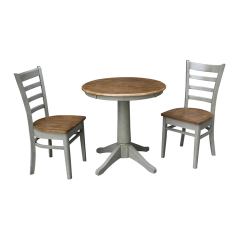 IC INTERNATIONAL CONCEPTS 30" Round Solid Wood Distressed Hickory/Stone Dining Table with 2 Chairs