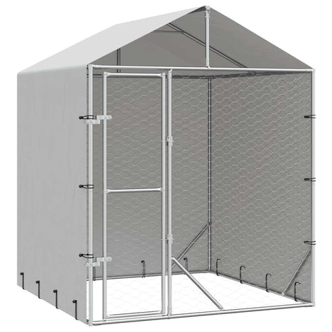 vidaXL Outdoor Dog Kennel - Galvanized Steel Animal Enclosure with Roof - Spacious Play Area for Dogs/Farm Animals - Weather-