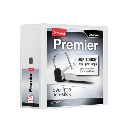 Cardinal 3 Ring Binder, 5 Inch Premier Easy Open Binder, ONE-Touch Locking Slant-D Rings, 1,050-Sheet Capacity, ClearVue Covers with Shelf Pull, White (10350CB)