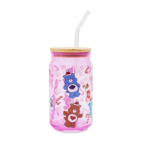 Silver Buffalo Care Bears Holiday Glass Tumbler With Bamboo Lid and Reusable Glass Straw | Holds 16 Ounces