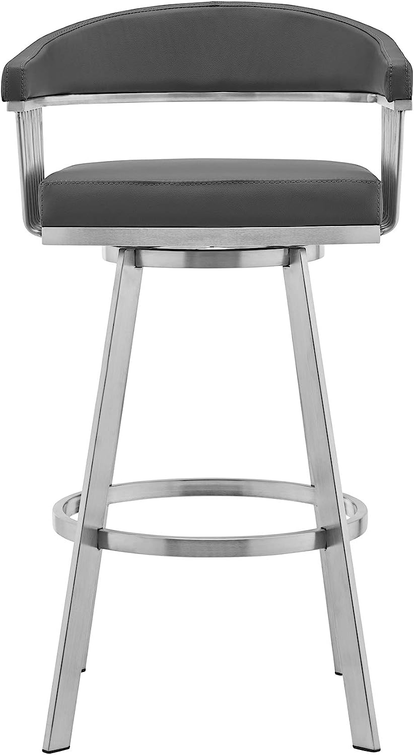 Bronson 30Inch Gray Faux Leather and Brushed Stainless Steel Swivel Bar Stool