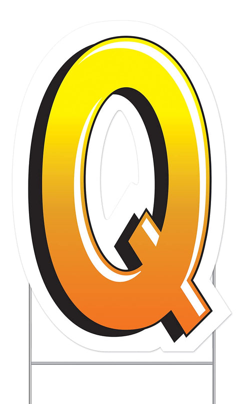 Beistle Plastic Letter Q Yard Sign with Metal Stake Happy Birthday Party Outdoor Lawn Decoration, 18" x 12", Yellow/Orange/White/Yellow