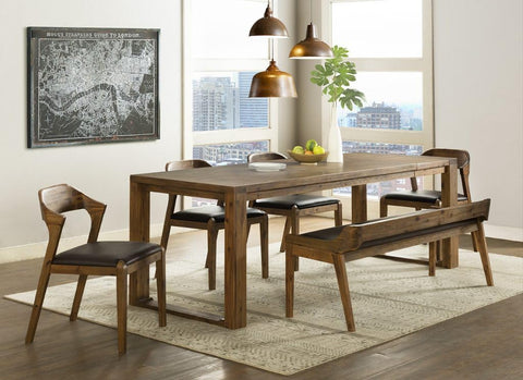 Rasmus 6pc Dining Set, Table + 1 Bench + 4 Side Chairs  [Chestnut Wire-Brush]