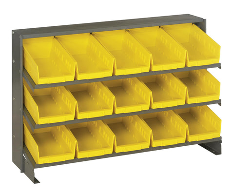 Quantum QPRHA-102YL Sloped Quickpick Cart | Bench Style Mobile Storage Rack for Industrial Display | (15) QSB102 Yellow Bins; (3) Shelves | 250 lbs Capacity, 12.5"L x 36"W x 23"H, Gray, Carbon Steel