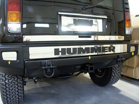 QAA is Compatible with 2003-2009 Hummer H2 3 Piece Stainless Rear Bumper Trim, Includes Cut Out for Hummer Logo HV43012