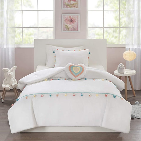 Oakestry 3Pc Kids Tessa Cozy Comforter Set Teen Tassel Fringe Aesthetic Room Decor Shabby Chic Bedding All Season Colorful Fluffy Soft, Twin, White