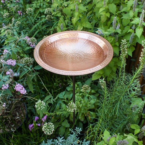Hammered Solid Copper Birdbath with Garden Stake
